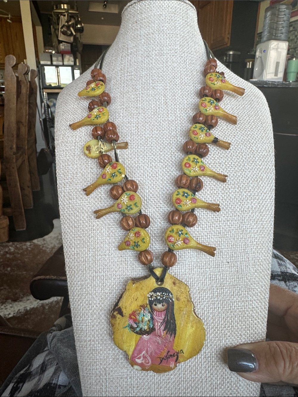 DeGrazia Native American Necklace Resin And Wood Handpainted Girl With Flowers